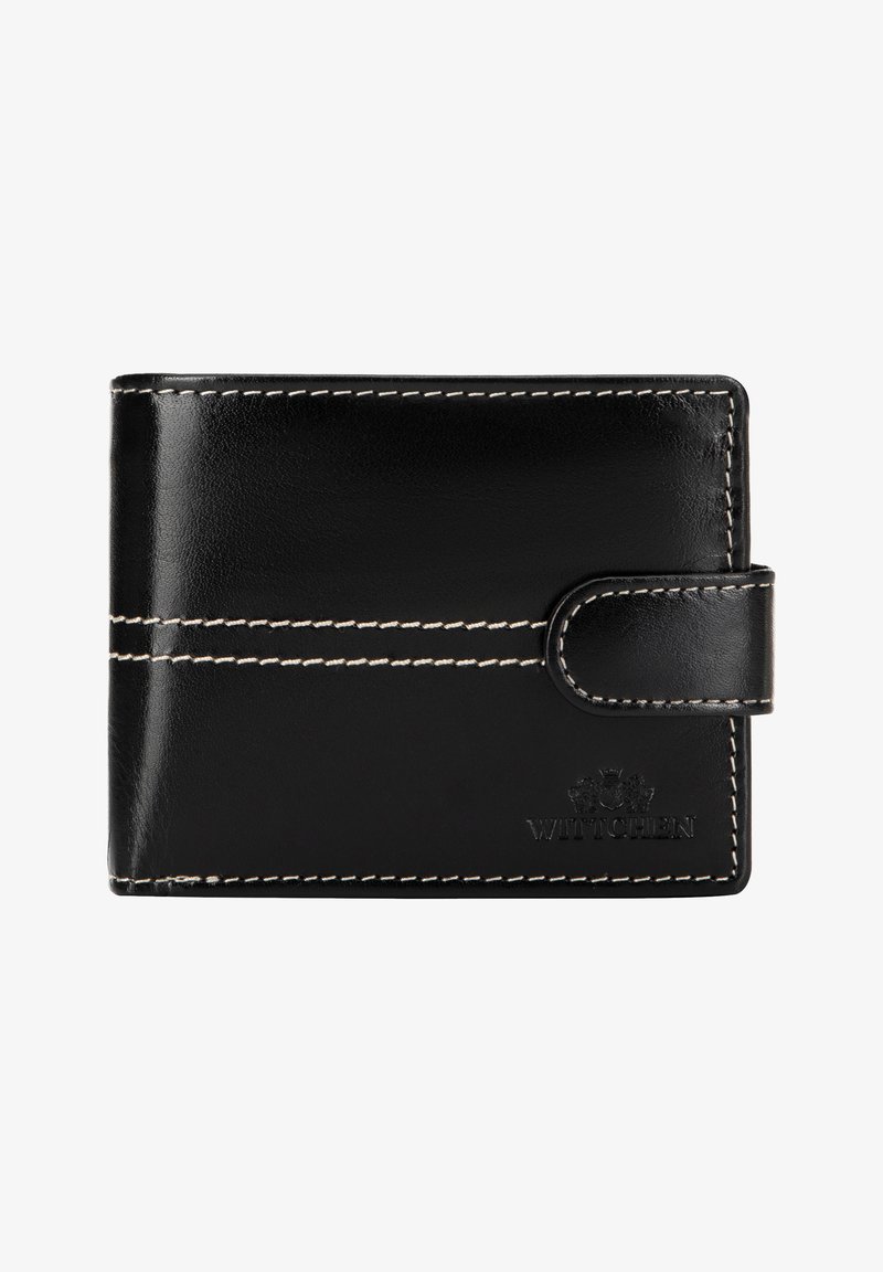 Czarny skórzany portfel z białym przeszyciem, prostokątny kształt i wytłoczone logo. Posiada zamek na zatrzask i gładką powierzchnię.