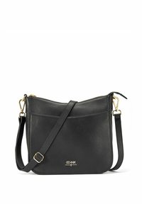 Czarna skórzana torba na ramię z teksturowanym wykończeniem, złotymi akcentami, przednią kieszenią oraz regulowanym paskiem do uniwersalnego noszenia.