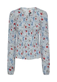 Blouse à motif floral avec des rayures bleues et blanches, ornée de fleurs rouges et bleues, manches longues, avec des fronces à l'avant.