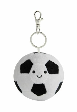 Weicher Plüsch-Schlüsselanhänger in Form eines schwarz-weißen Fußballs mit einem lächelnden Gesicht, befestigt an einem silbernen Metallring und Karabiner.