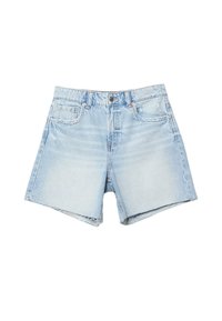 Shorts en denim bleu clair avec une taille haute, une coupe droite, cinq poches et un ourlet effiloché. Texture déchirée et détails de décoloration subtils.