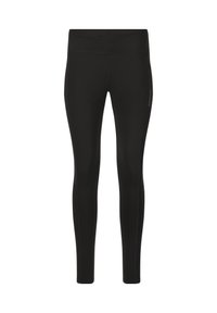 Schwarze Leggings aus dehnbarem Stoff mit einem enganliegenden Design, elastischem Bund und seitlicher Tasche für kleine Gegenstände.