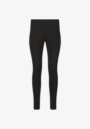 Svarta leggings tillverkade av elastiskt tyg, med en figurnära design, elastisk midja och sidficka för små föremål.