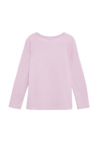 Lange mouwen, shirt in roze katoen met een ronde halslijn en een gladde textuur. De achterkant is eenvoudig zonder patronen of accenten.