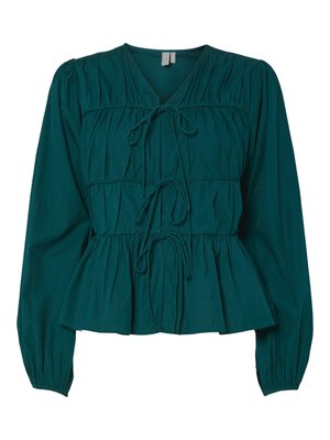 Teal blouse met lange mouwen en een V-hals, met gathered accenten en een trekkoord in de taille. Geweven stof met een peplum onderrand.