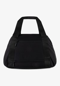 Schwarze Stofftasche in runder Form, mit zwei oberen Tragegriffen und zwei Reißverschlusstaschen auf der Vorderseite. Strukturierter Nylonstoff.