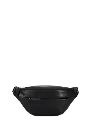 Schwarze Leder-Gürteltasche mit vorderer Reißverschlusstasche und verstellbarem Riemen, vor weißem Hintergrund abgebildet.