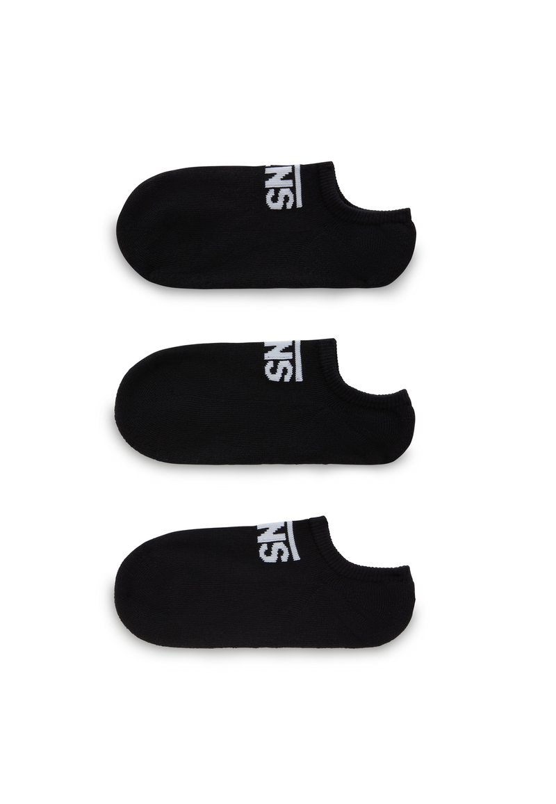 Sorte bomulds low-cut sokker med hvidt logo. Blød tekstur, rund tå, no-show design. Tre par stablet vandret.