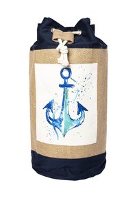 Marineblauer Jutesack mit Kordelzug und einem weißen Patch, der ein blaues Aquarell-Ankerdesign mit Farbspritzern zeigt.