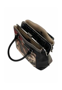 Borsa nera e stampata con doppie compartimenti, esterno in pelle liscia, hardware in argento e manici rotondi. L'interno presenta una fodera floreale.