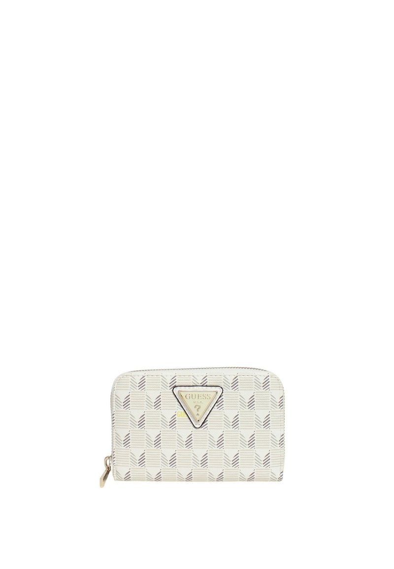 Portafoglio bianco con motivo geometrico, logo triangolare dorato e hardware argento. Chiusura con cerniera e superficie testurizzata.