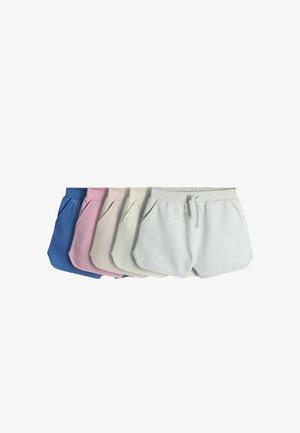 Fünf Paare legere Shorts in Blau, Pink, Creme, Offwhite und Hellgrau, von links nach rechts überlappend angeordnet.