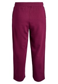 Burgundy, mid-calf length sweatpants made of soft, smooth fabric. Features an elastic waistband and side pockets.