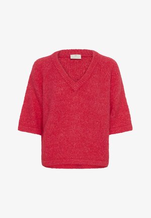 Suéter rojo de punto con escote en V y mangas cortas. Textura suave con un corte relajado, presenta un sutil patrón jaspeado.