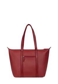 Czerwona torebka tote z faux skóry, z dwiema solidnymi rączkami, zamknięciem na zamek błyskawiczny oraz przednią kieszenią. Teksturowana powierzchnia z pionowymi szwami.