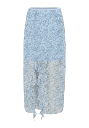 Helehelesinine midi pikkusega seelik õrna tumedama sinise abstraktse trükiga, esikäeväravaga ja siledaga vöörihmaga.