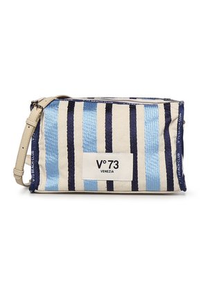 Kleine rechthoekige clutchtas met verticale navyblauwe, lichtblauwe en beige strepen, beige riem en een label "V°73 Venezia" aan de voorkant.