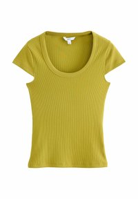 T-shirt kratkih rukava, s okruglim izrezom, u maslinasto zelenoj boji, izrađen od rebrastog materijala s prilagođenim dizajnom i glatkom teksturom. Nema vidljivih uzoraka ili ukrasa.
