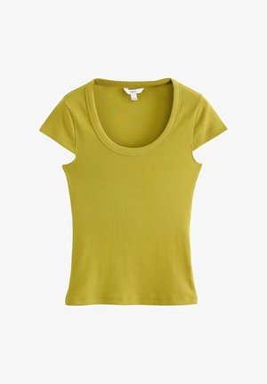 T-Shirt mit kurzen Ärmeln und rundem Ausschnitt in olivgrün, aus geripptem Stoff mit taillierter Passform und glatter Textur. Keine sichtbaren Muster oder Verzierungen.