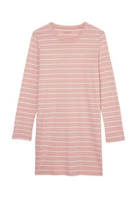 Camiseta de manga larga rosa claro con rayas horizontales blancas. Cuenta con un escote redondo y un sutil logotipo en el centro del frente. Textura de tela suave.