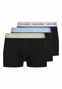 Drei Paare Herrenboxershorts: zwei schwarze mit Logo-Bündchen in Weiß, Hellblau und Mintgrün. Aus Baumwollmaterial, mit figurbetontem Schnitt.