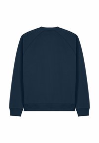 Felpa blu navy a maniche lunghe con polsini e orlo a costine, vista posteriore con scollo rotondo e maniche raglan.