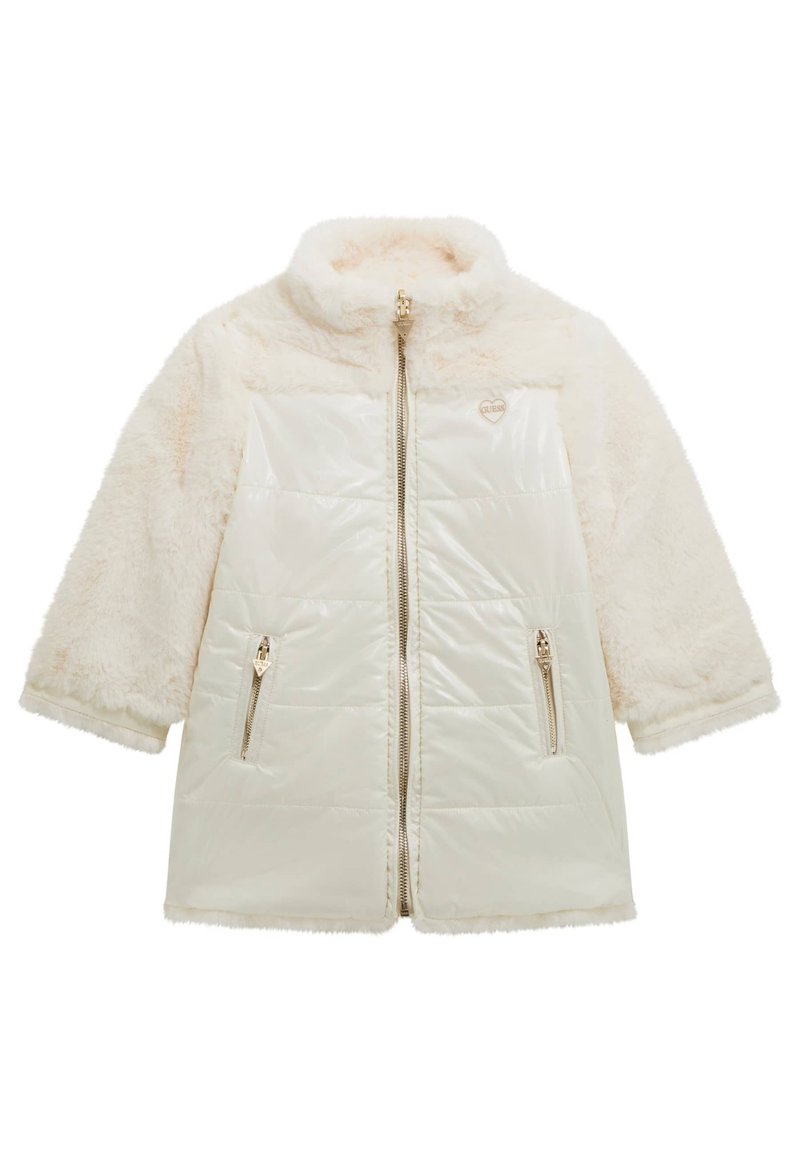 Giacca color crema con parte superiore in pelliccia sintetica e sezione inferiore trapuntata lucida; presenta una zip frontale e due tasche laterali con zip.