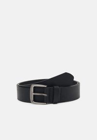 Black leather belt with a silver metal buckle, featuring a smooth finish and a classic design. The belt is rolled with the end pointed.