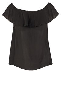 Top negro sin hombros hecho de una tela ligera, con un borde con volantes y una silueta fluida con un dobladillo curvado.