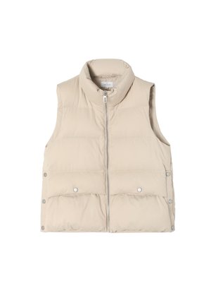 Beige donsvest met een hoge kraag, een ritssluiting aan de voorkant en drukknopen als accent. Bevat gestikte delen en heeft een gladde, glanzende textuur.