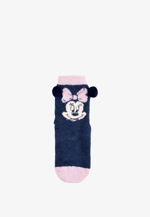 Calzino morbido blu navy e rosa con una faccia da topo cartone animato con un fiocco rosa e due pon pon neri ai lati vicino alla cima.