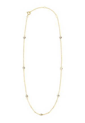 Zarte Goldkette mit gleichmäßig verteilten kleinen runden klaren Edelsteinen und einem Federholzverschluss.