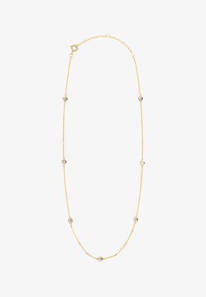 Zarte Goldkette mit gleichmäßig verteilten kleinen runden klaren Edelsteinen und einem Federholzverschluss.