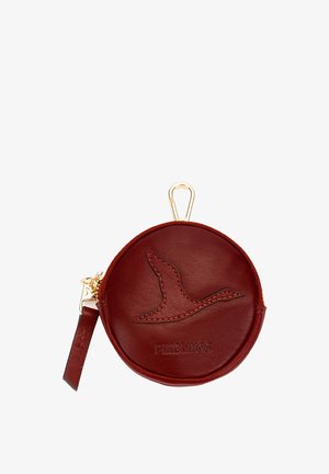 Petit porte-monnaie rond en cuir marron avec un motif d'oiseau cousu, fermeture éclair, clip doré et logo embossé "Pikolinos" sur le devant.