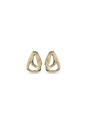 Paire de boucles d'oreilles clous géométriques abstraites en ton or poli, avec des formes triangulaires arrondies irrégulières et des centres ouverts.