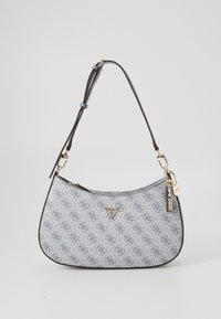 Gray patterned handbag with a curved shape, leather shoulder strap, gold hardware, and a small keychain detail.