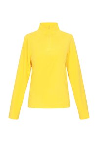 Gul pullover med høj krave og halv lynlås. Fremstillet af blødt stof, har lange ærmer og en glat tekstur uden mønstre.