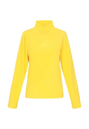 Pulover galben cu guler înalt și fermoar pe jumătate. Confecționat dintr-un material moale, are mâneci lungi și o textură netedă fără modele.