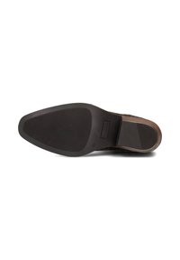 Suela de zapato de cuero marrón con parte inferior de goma negra texturizada, forma contorneada y acento claro del logotipo de la marca. Tacón plano, diseño duradero.