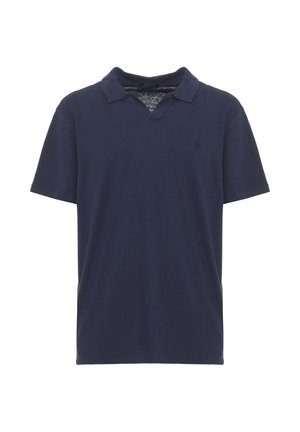 Polo a maniche corte blu navy con colletto e logo ricamato sul petto a sinistra.