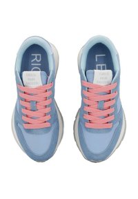 Blue and pink athletic sneakers with a fabric and suede upper, round toe, padded collar, and white rubber sole. "Girls Run Faster" label visible.