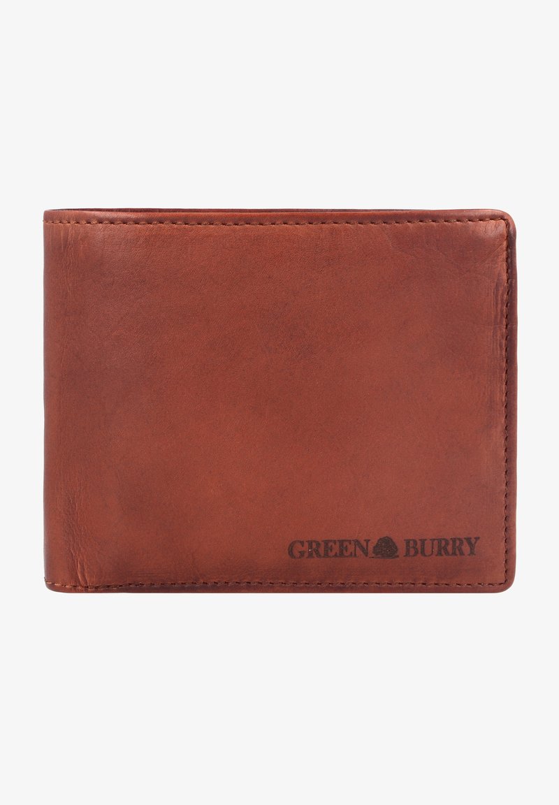 Bruine leren portemonnee met een gladde textuur, dubbelgevouwen ontwerp en een gegraveerd 'GREEN BURRY' logo in de rechterbenedenhoek.