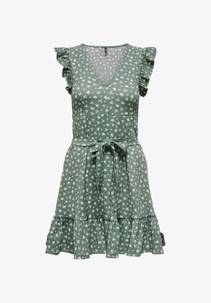 Green dress with ruffled sleeves, a V-neck, floral pattern, waist tie, and layered ruffle hem. Made of lightweight fabric.