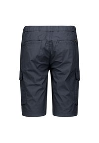 Marineblauwe knielange cargo shorts met elastische tailleband, twee achterste splitzakken en twee zijflapzakken.