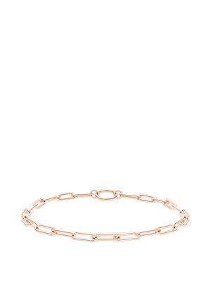 Zarter Armband aus roségoldener Kette mit länglichen, rechteckigen Gliedern, die in einer durchgehenden Schleife angeordnet sind, mit einem ovalen Verschluss.