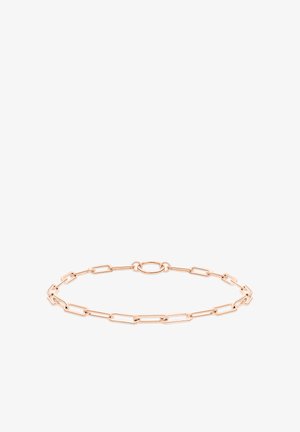Fin rose gold kædearmbånd med aflange, rektangulære led arrangeret i en kontinuerlig sløjfe med en oval lås.