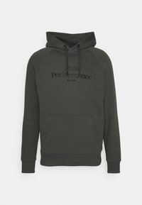 Felpa con cappuccio verde scuro, tasca a marsupio frontale, cappuccio con cordino e testo ricamato "Peak Performance Est. 1986" sul petto.