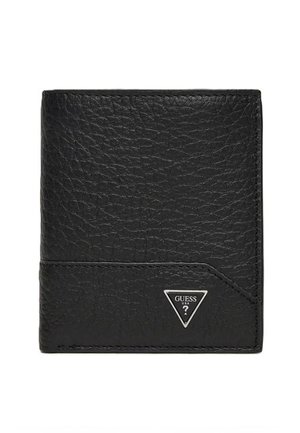 Portafoglio in pelle nera con finitura testurizzata, dotato di un patch logo triangolare in argento nell'angolo e un design elegante e ripiegato.