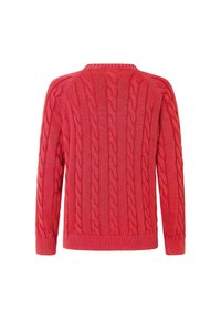 Roter Kabelstrickpullover mit geripptem Kragen, Bündchen und Saum. Besitzt ein strukturiertes Muster aus gedrehten Kabeln für zusätzliche Details.