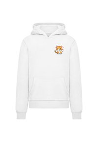White cotton hoodie with a front pocket, featuring a cartoon orange cat design on the chest. Soft texture, drawstring hood.